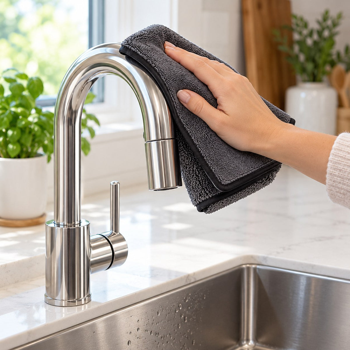 Polishing a stainless steel kitchen tap spot-free with QuokkaCloth