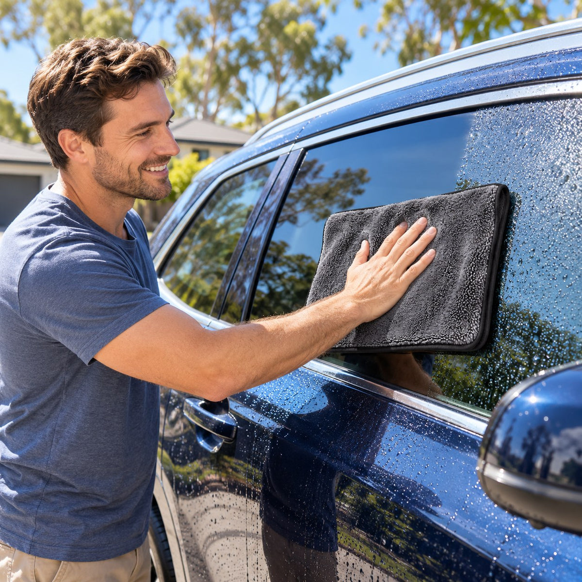 Drying a car window streak-free with the XXL microfibre cloth