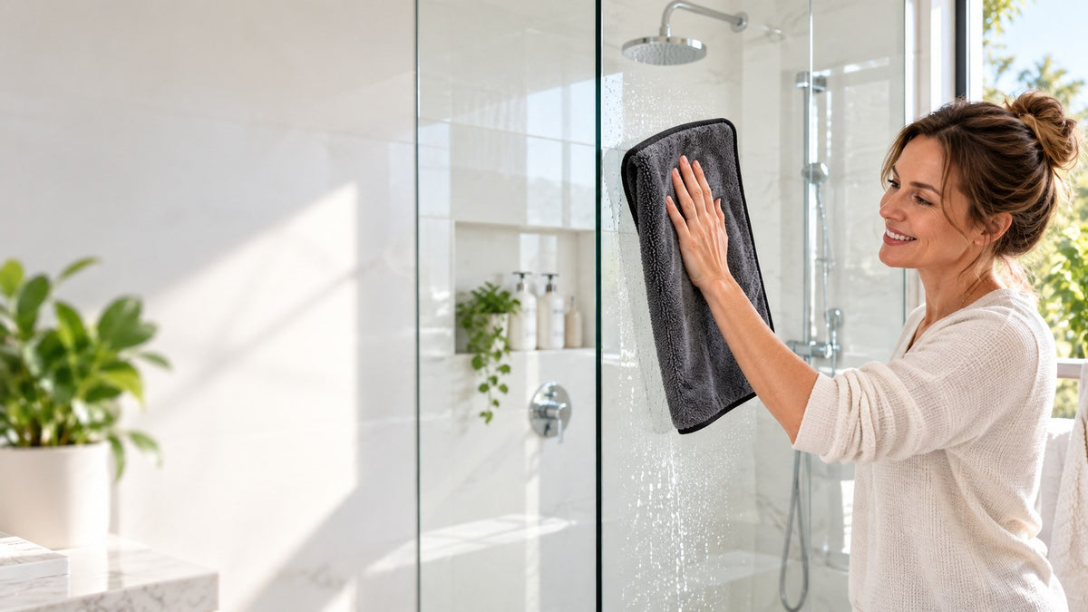 Woman wiping a sparkling glass shower screen with the QuokkaCloth XXL