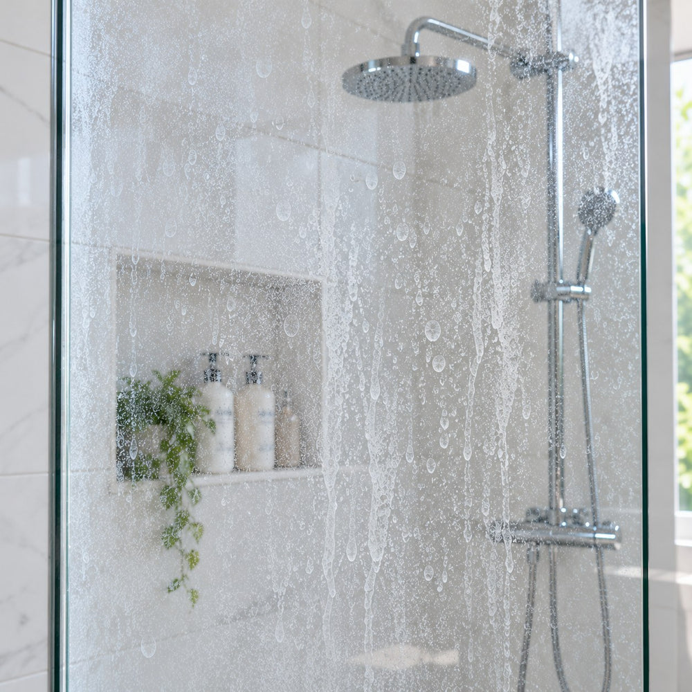 Shower screen covered in limescale and water spots